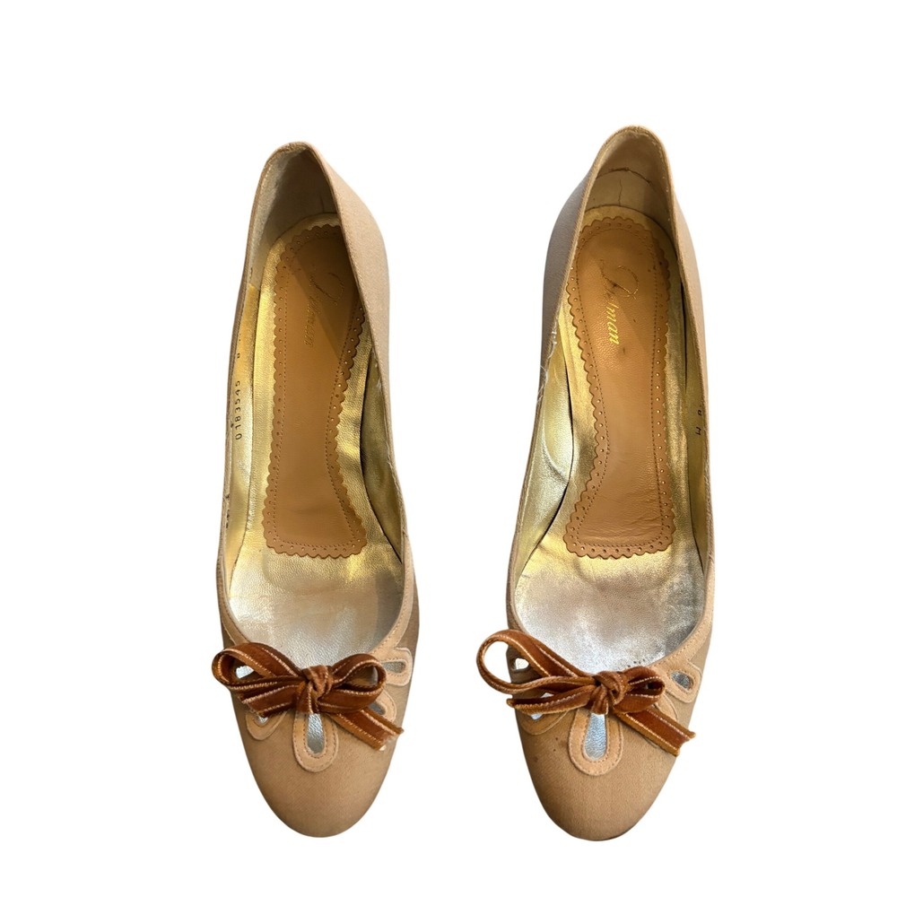 Vintage Delman Beige Velvet Bow Kitten Heel Pumps Size 8M Coquette Y2K